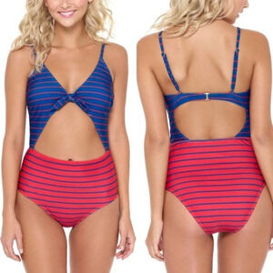 HOT WATER Fiesta Red &‎ French Blue Stripe High-Waist Monokini XL